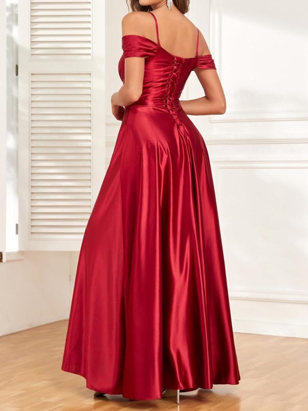 Off-Shoulder Satin Evening Gown in Red